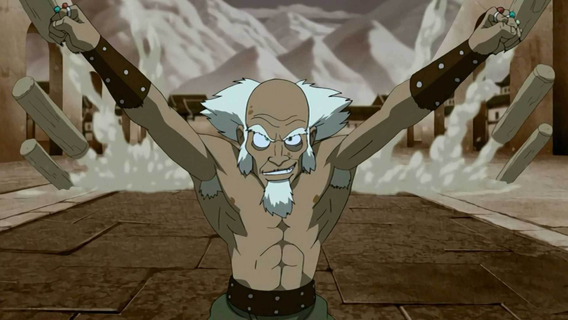 Bumi earthbending pillars at Ozai's statue in Avatar: The Last Airbender
