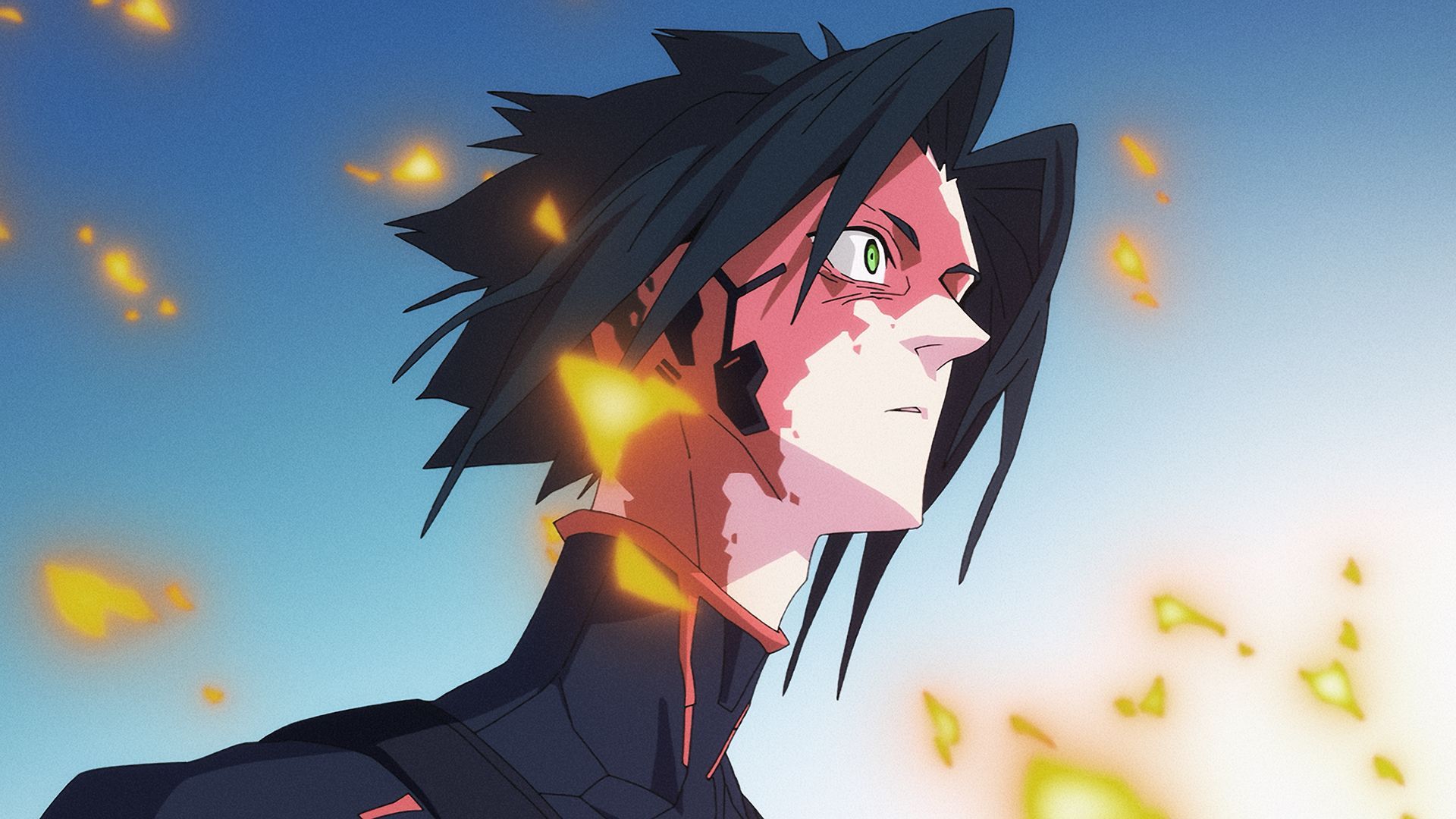 D appears with a red mark on his face and with burnt embers around him in Cyberpunk Edgerunners 2 