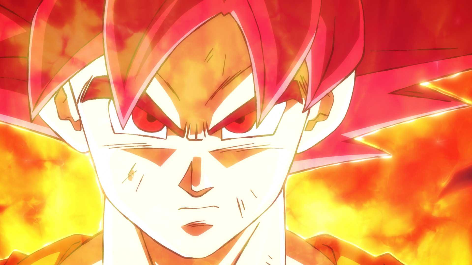 An intense close-up of Super Saiyan God Goku (Red) from the new Dragon Ball Super: Beerus anime TV series debuting this October.