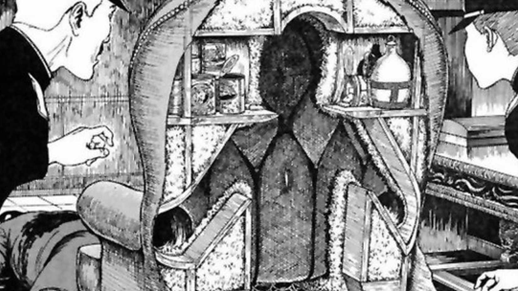 A human-sized hole is investigated in the back of a chair in Junji Ito's "The Human Chair."