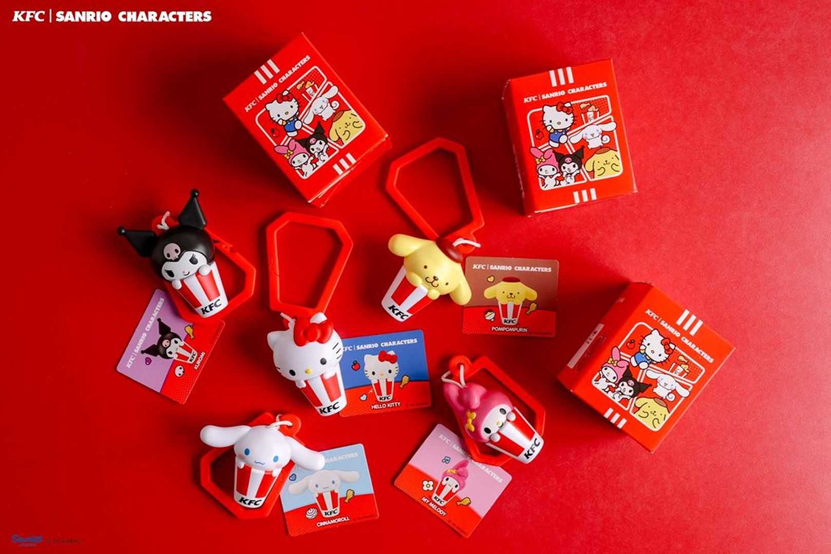 Promotional image of the KFC | SANRIO CHARACTERS collection on a red background.