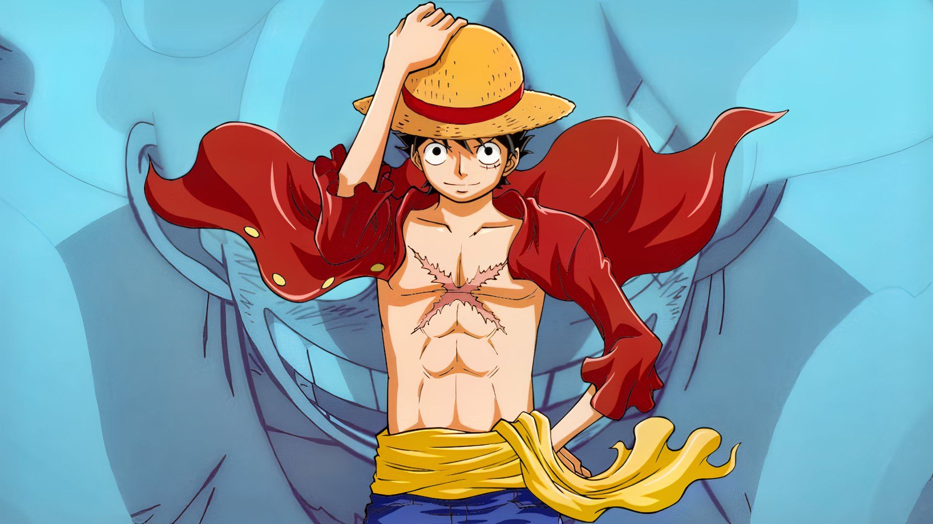 Luffy from One Piece with gear 5 in the background