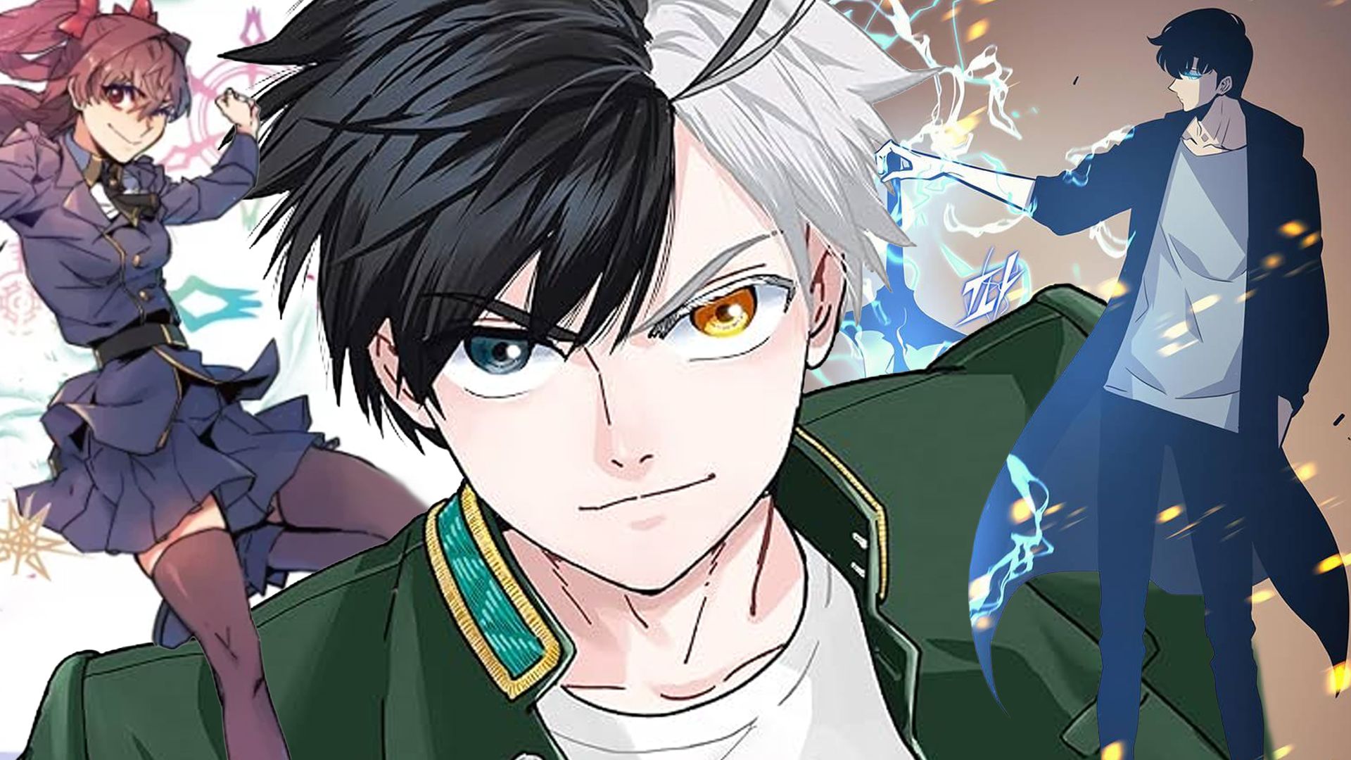 Manhwa collage with A Returner's Magic, Wind Breaker and Solo Leveling