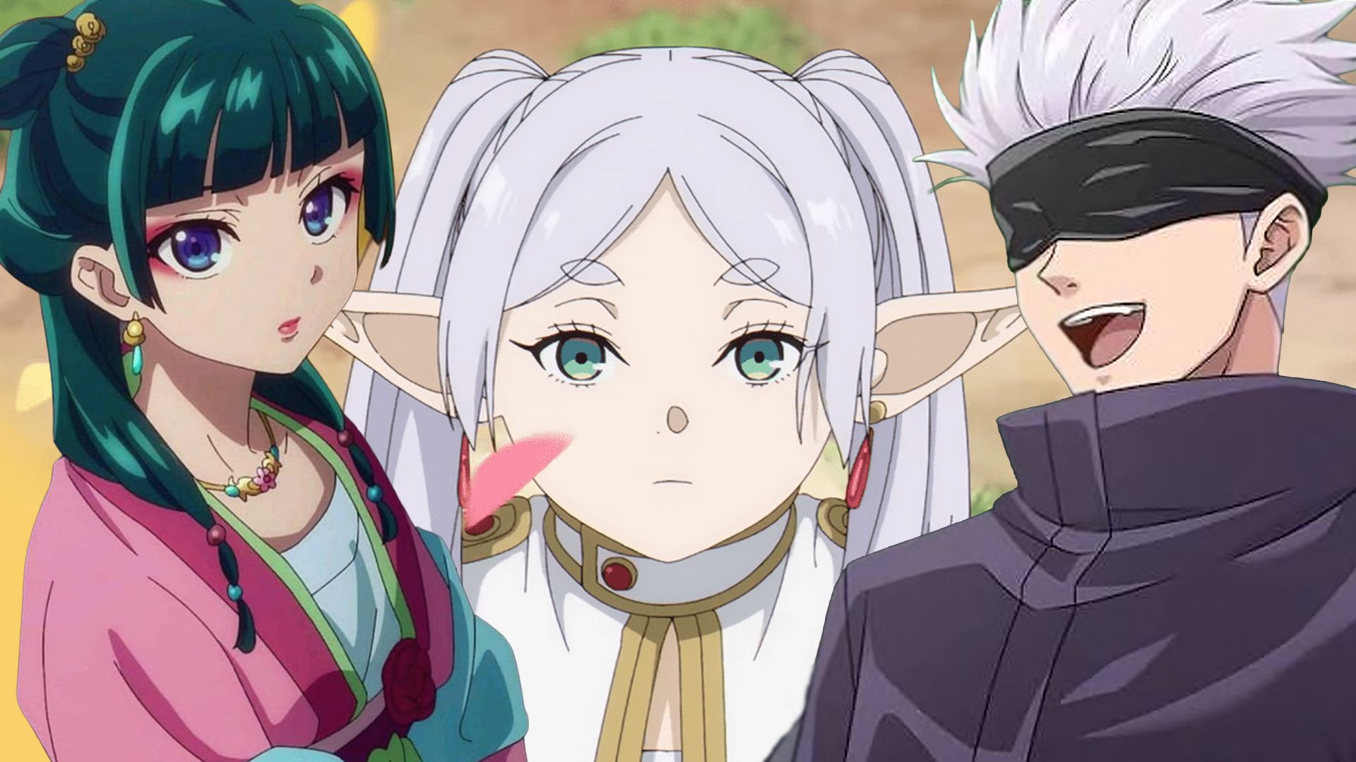 Maomao, Frieren and Gojo anime collage