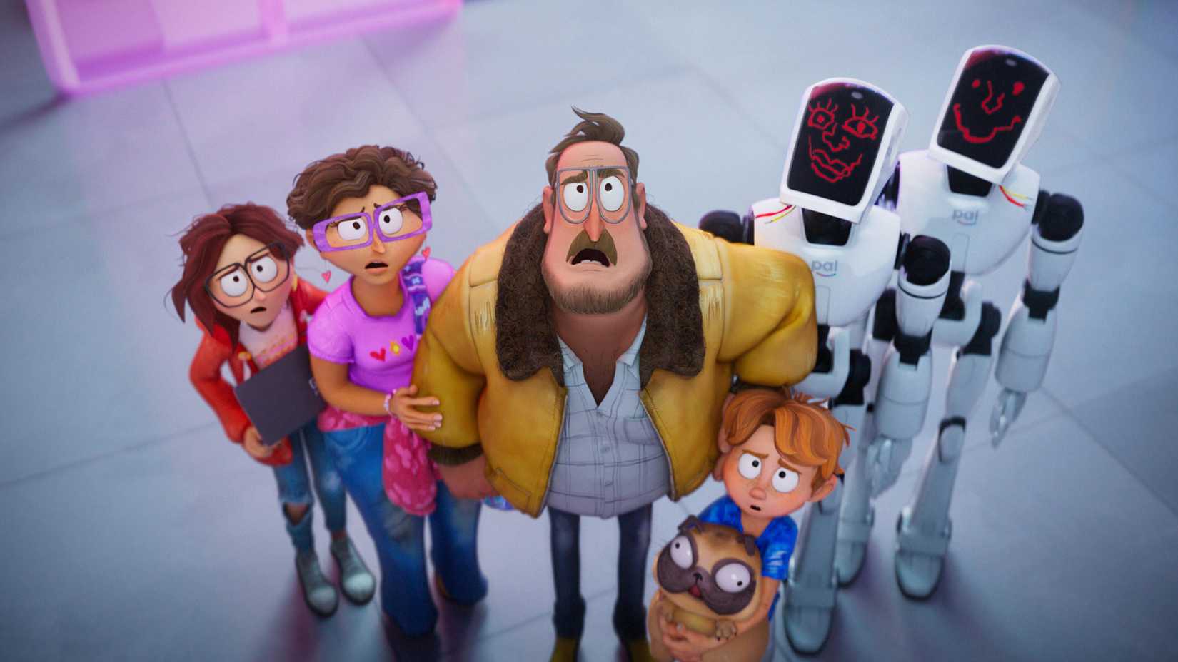 The Mitchell family looks shocked and confused in The Mitchells vs. the Machines.