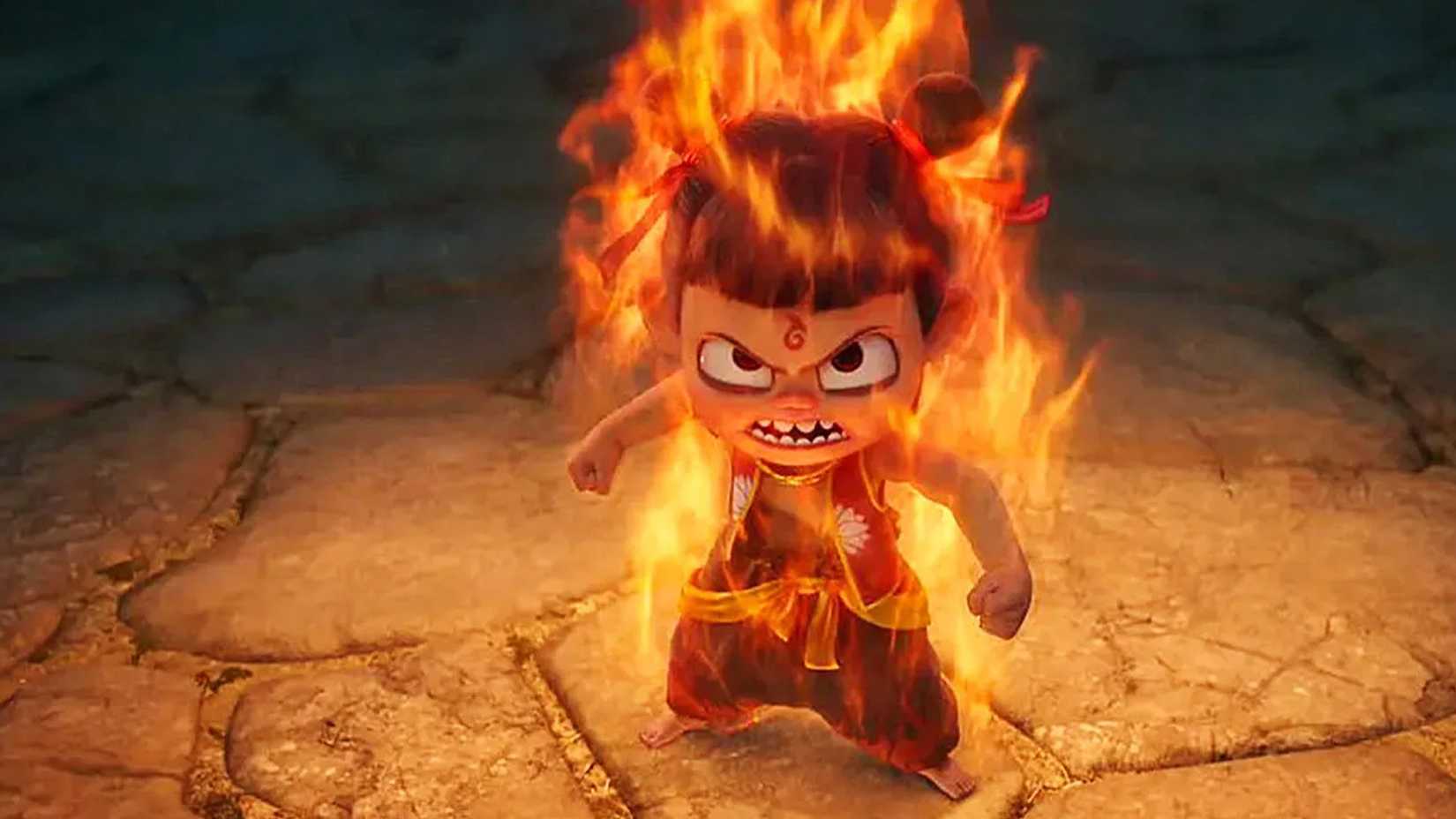 Ne Zha is angry and on fire in Ne Zha. 