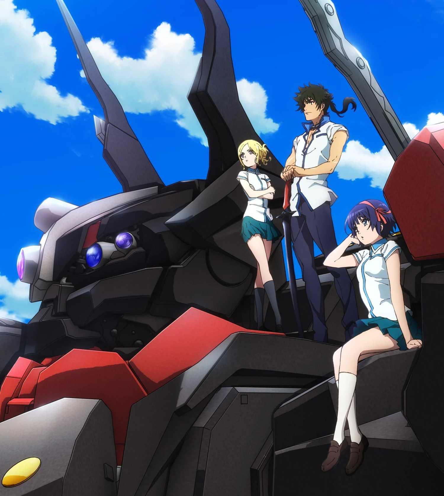 Key visual for Kuromukuro, a 2016 mecha anime TV series featuring the three main cast: Kennosuke Tokisada Ouma, Yukina Shirahane and Sophie Noel.