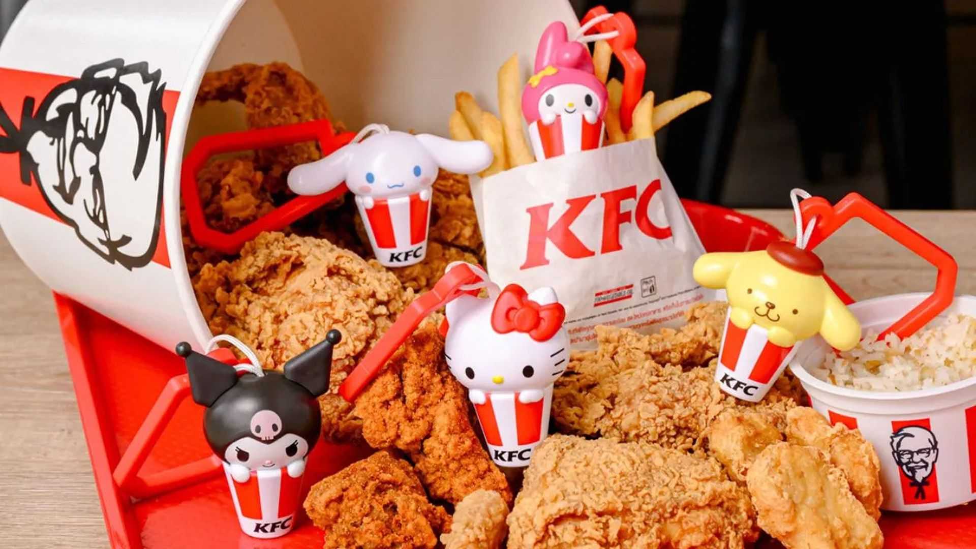 Promotional image of the KFC | SANRIO CHARACTERS collection next to chicken.