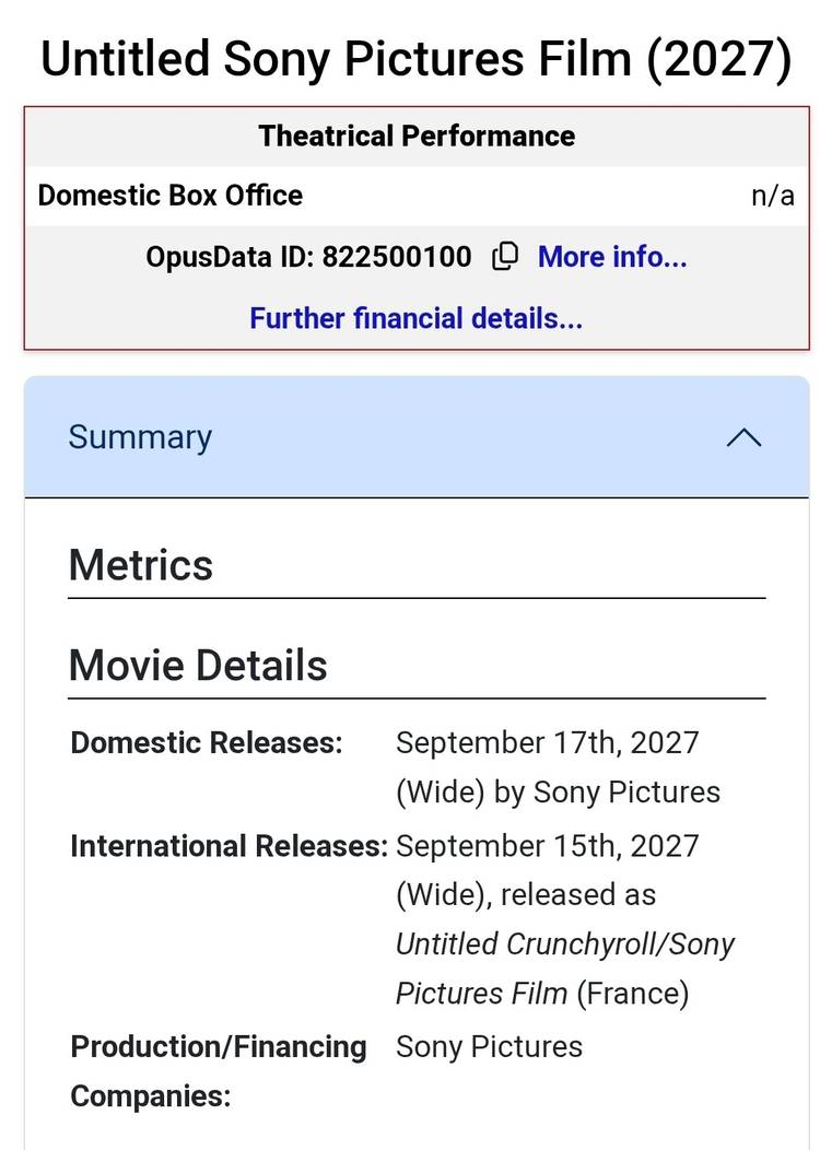 An "Untitled Crunchyroll/Sony Pictures Film" for September 17, 2027, suggests it could be the long-awaited release of Demon Slayer: Kimetsu no Yaiba – The Movie: Infinity Castle Part 2. 