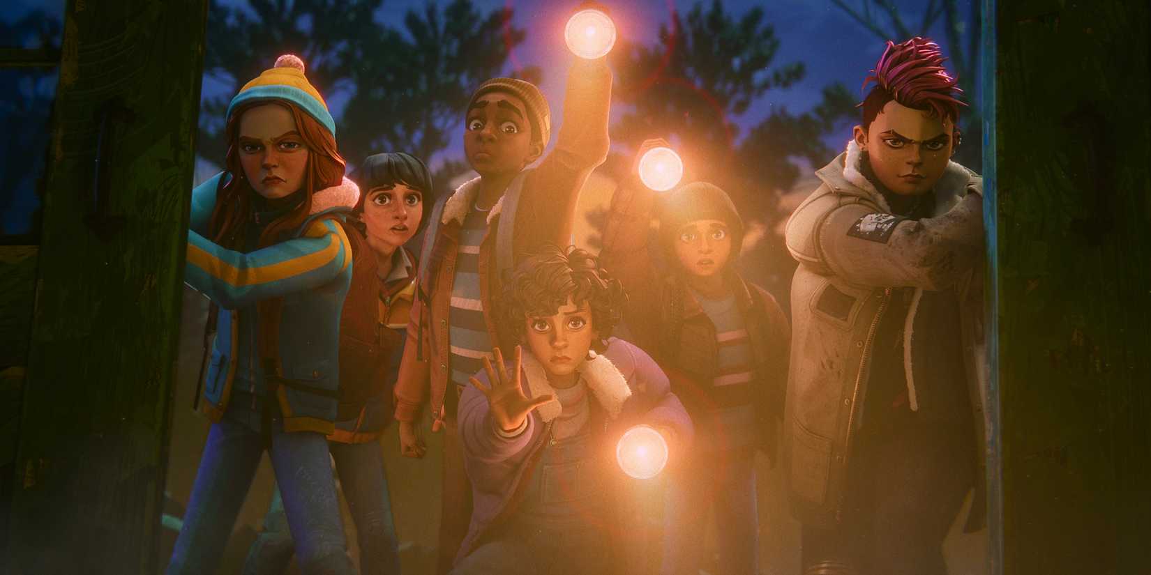 Max, Will, Lucas, Eleven, Mike and Nikki in Stranger Things: Tales from '85