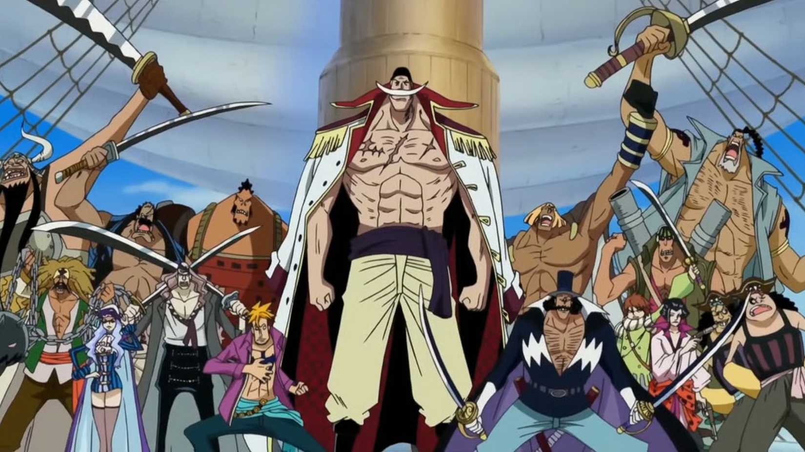 The Whitebeard Pirates arrive at Marineford in One Piece 