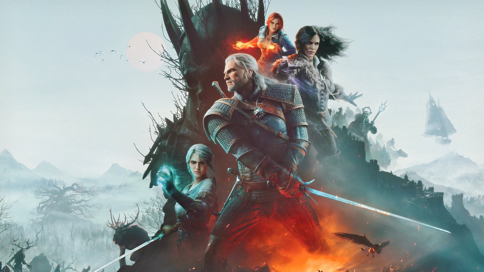 Geralt in center with other characters in the background