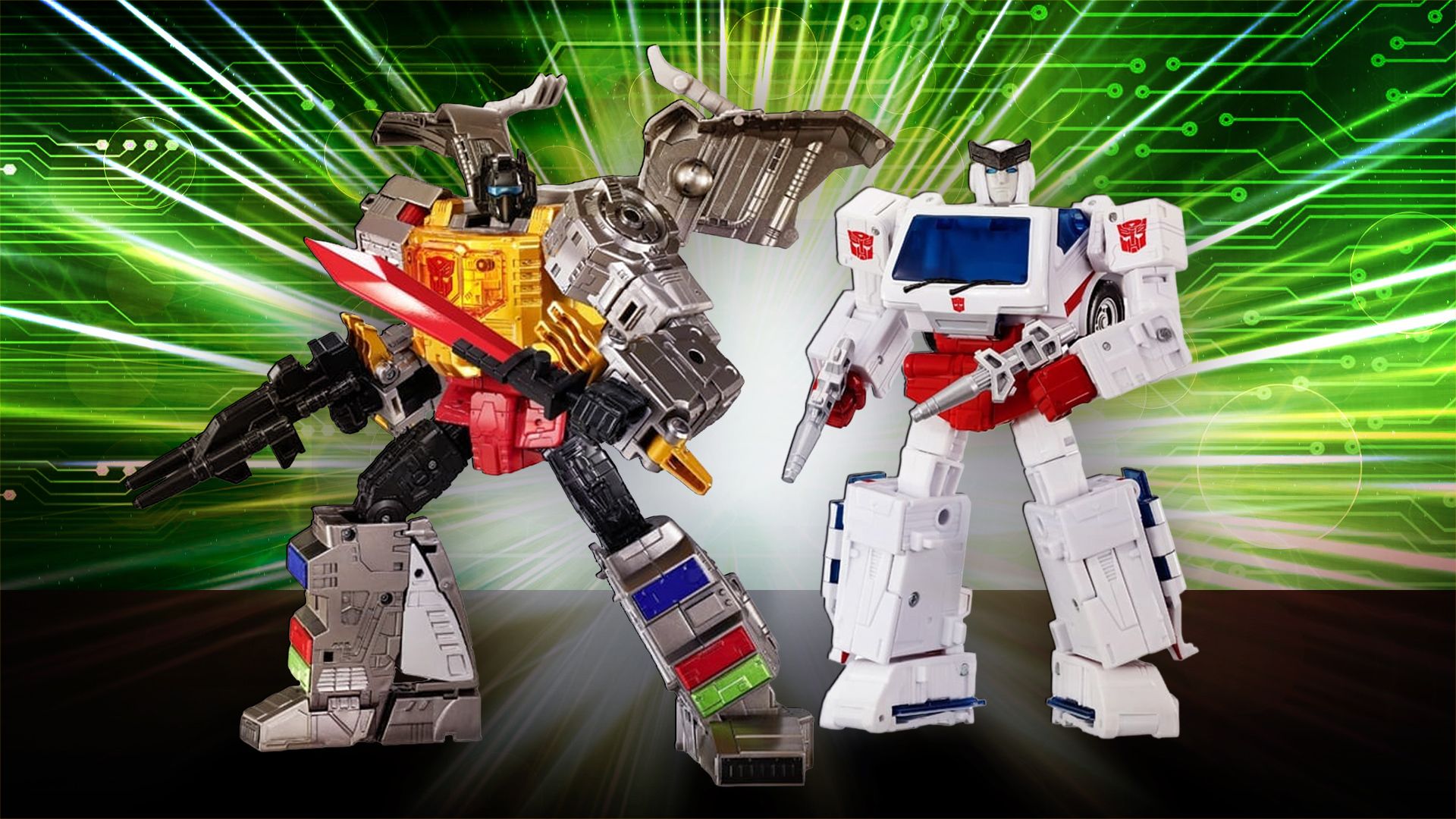 Dramatic Capture Series “Dinobot Island, Part 1” Grimlock and Ratchet in robot mode on a stylized background.