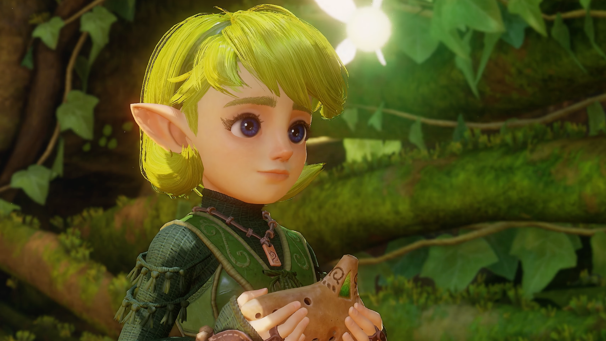 A close-up on Saria, who has light green hair and is holding a beige ocarina.