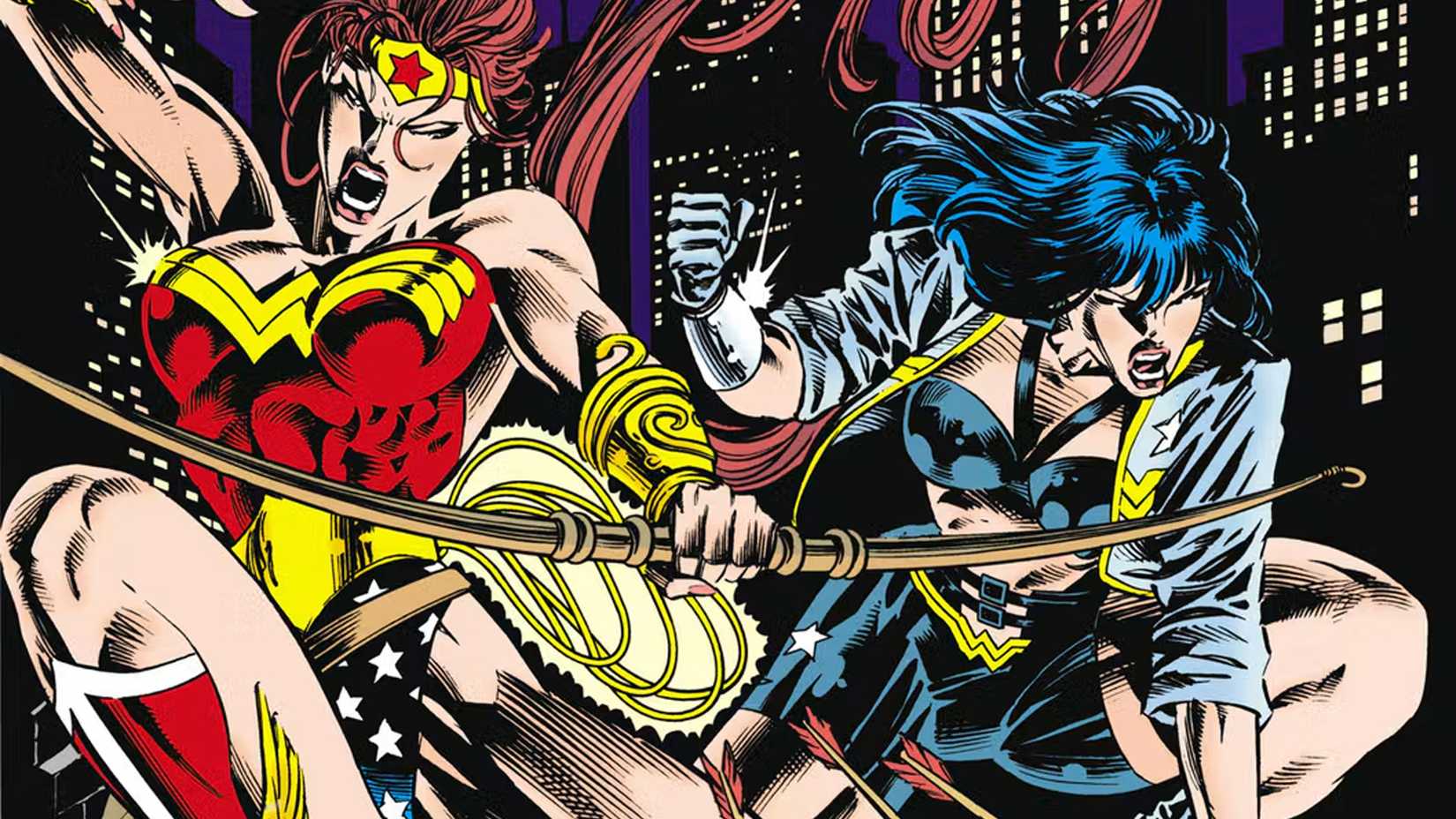 Artemis as Wonder Woman and Diana Prince in her 90s biker look