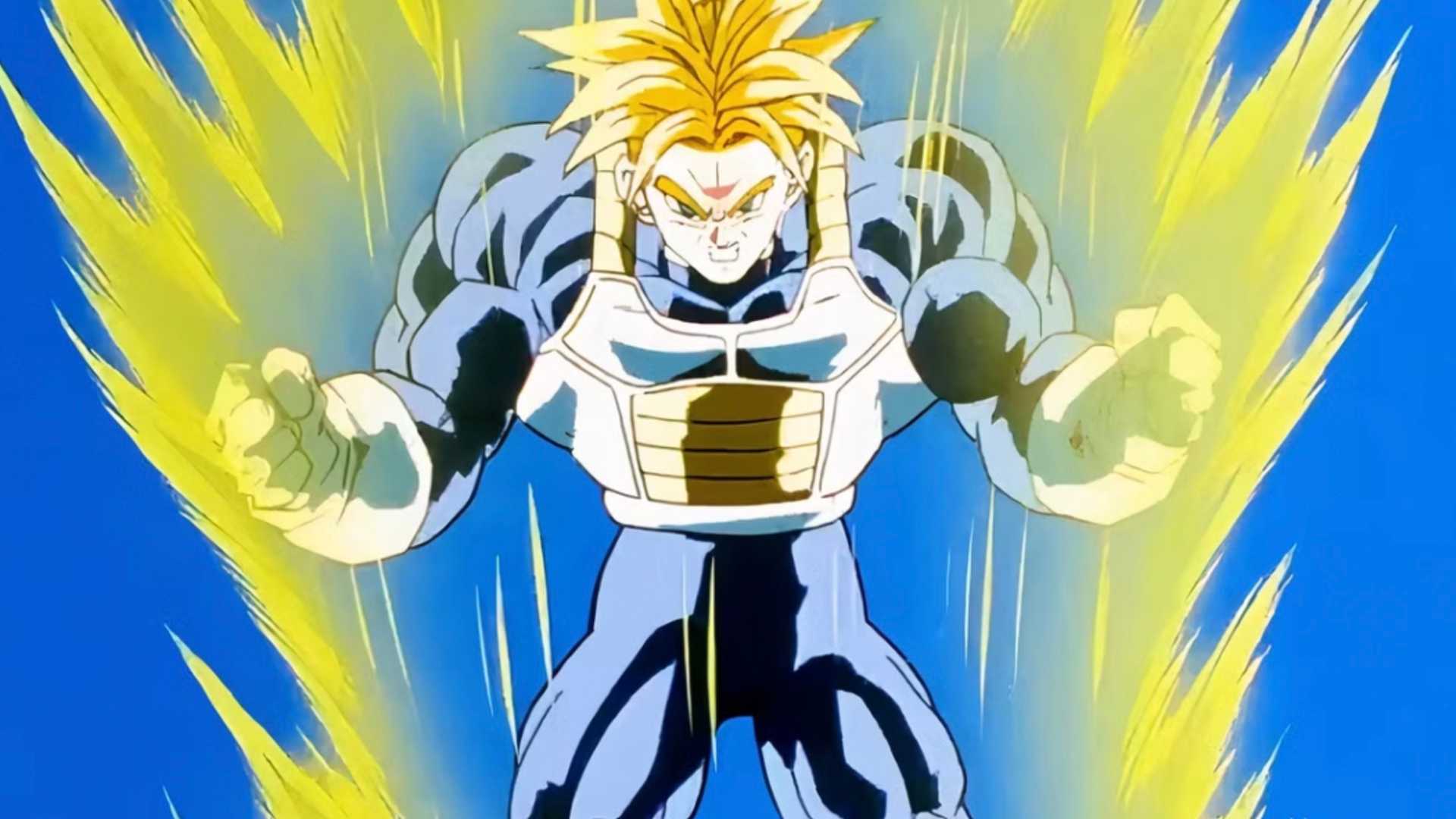 Super Saiyan Third Grade Future Trunks powers up in Dragon Ball Z.