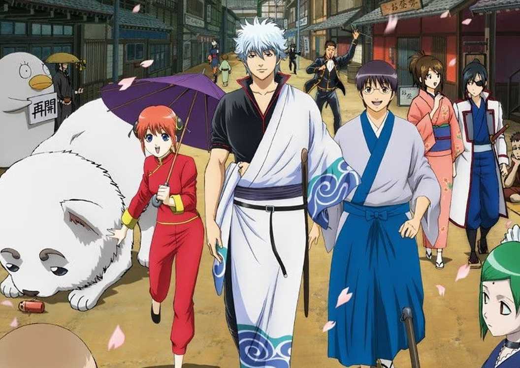 Gintama's Sadaharu, Kagura, Gintoki and Shinpachi walking down the street