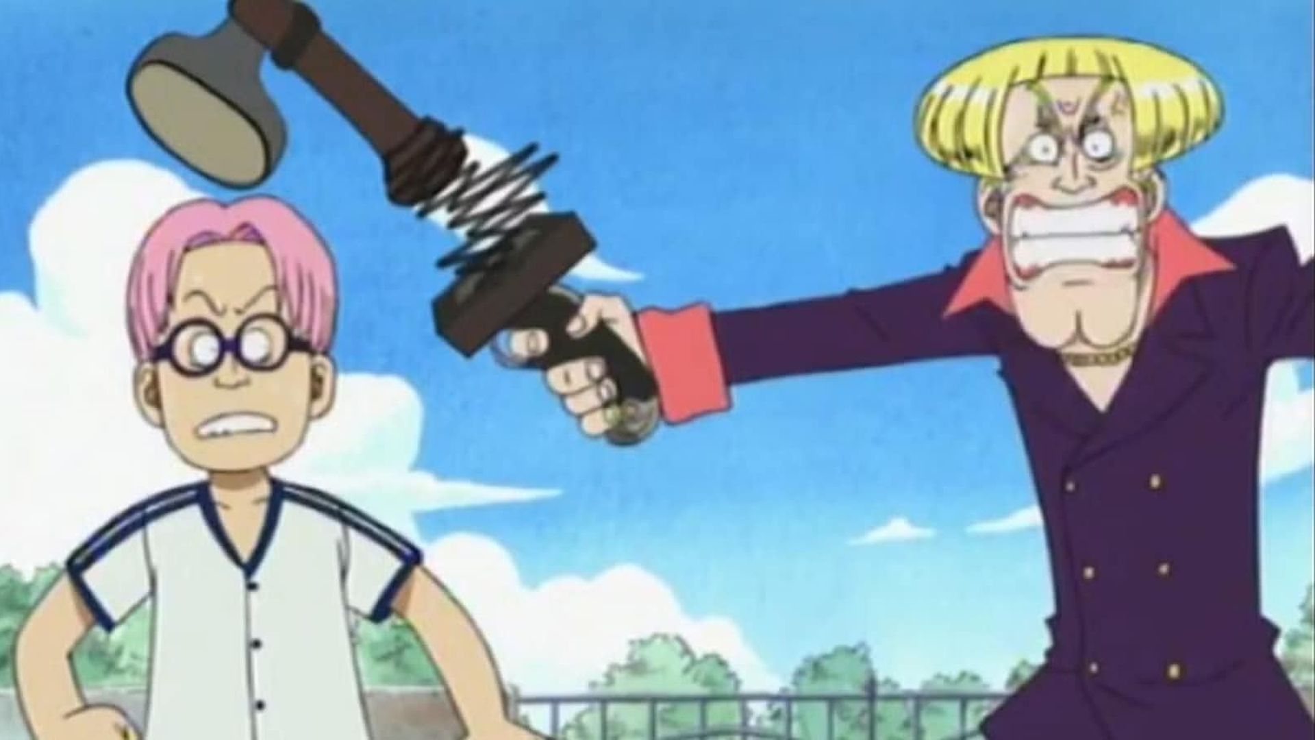 Helmeppo pointing a water hose at Koby in One Piece