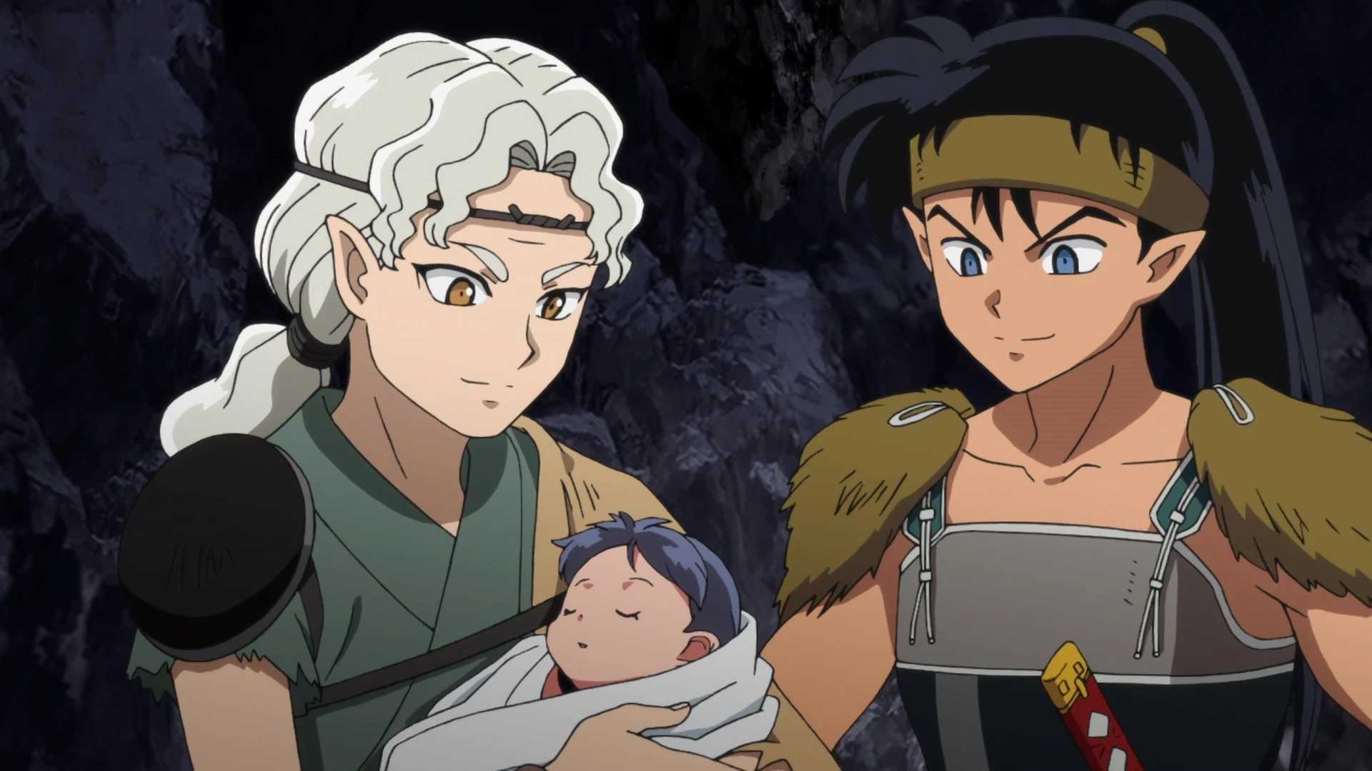 Koga and his wife looking at Kagome and Inuyasha's daughter
