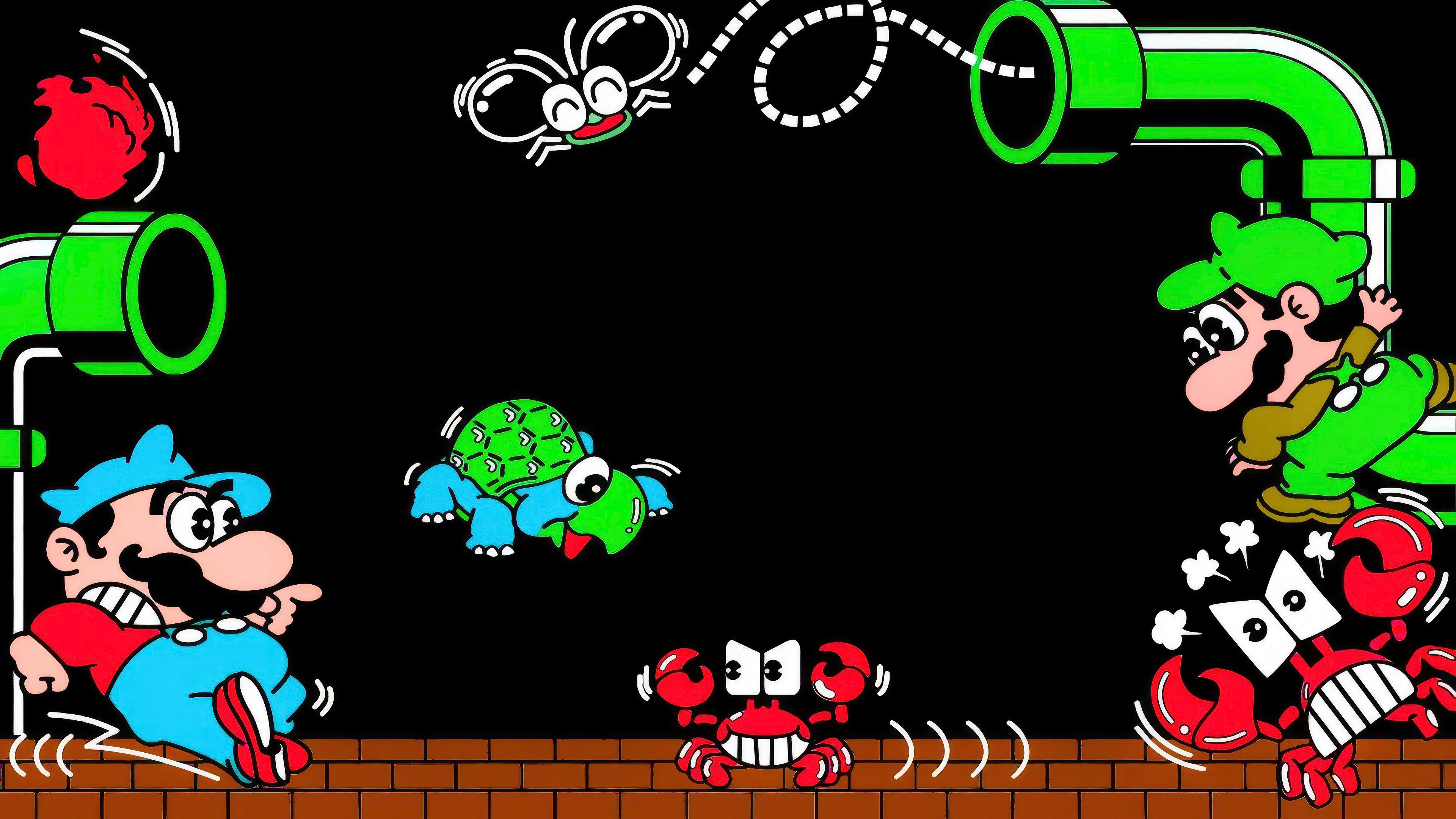 Tela do jogo Mario Bros. rodando no arcade, com Mario e Luigi no encanamento enfrentando insetos