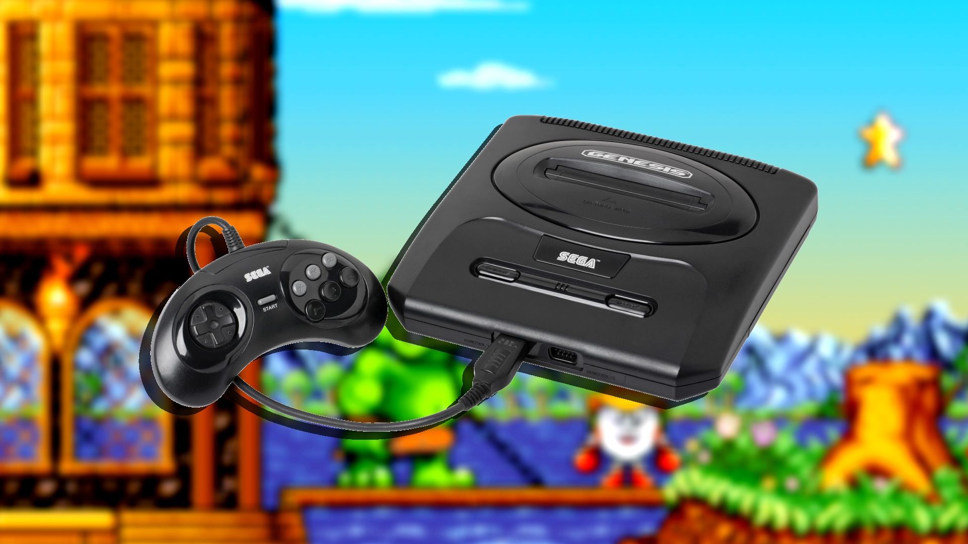 A Sega Genesis console and controller overlaid on a blurred background showing two game characters standing on a bridge.
