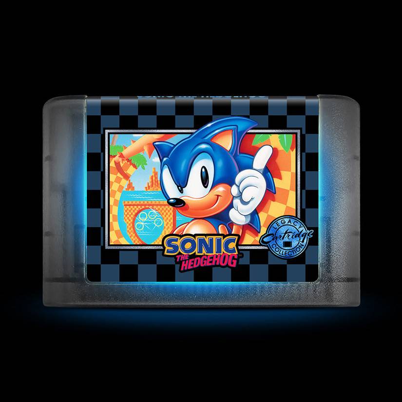 Sonic the Hedgehog Sega Genesis cartridge with a blue glow around the label.