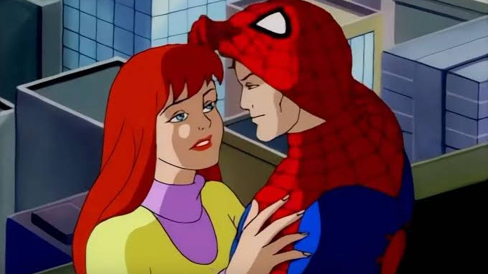 Spider-Man and Mary Jane embrace