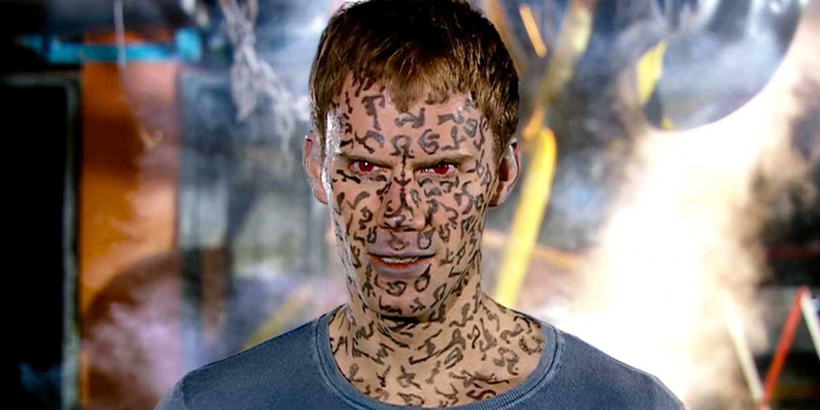 Toby Zed covered in text in Doctor Who The Satan Pit
