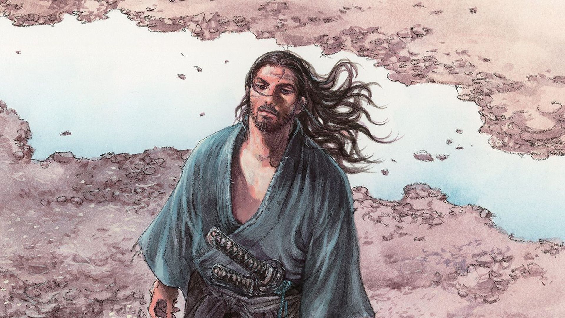 Musashi, the main character in the Vagabond manga, walking through a wasteland.