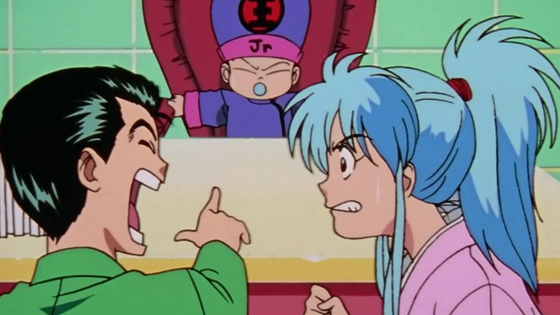 Yusuke laughs at Koenma in Yu Yu Hakusho while Botan looks annoyed.