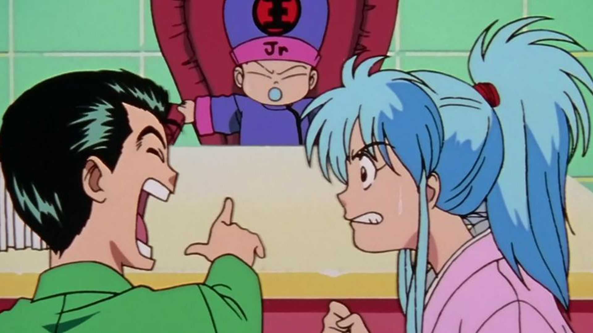 Yusuke laughs at Koenma in Yu Yu Hakusho while Botan looks annoyed.