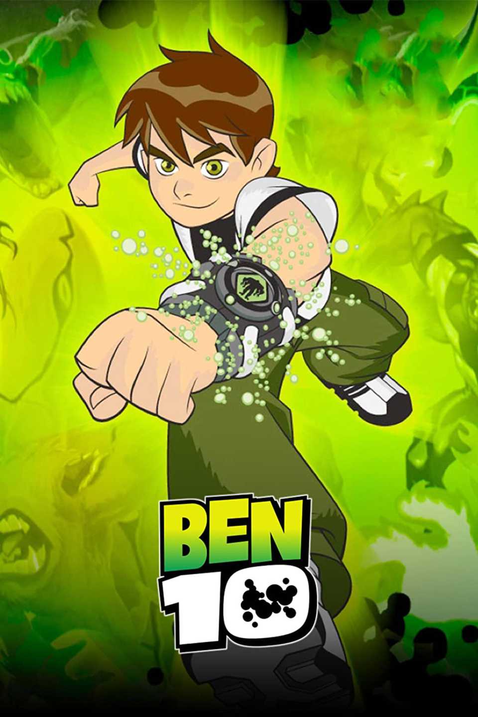 Ben Tennyson is running forward as his Omnitrix cycles through aliens on the poster for Ben 10. The background depicts various aliens that he can transform into, all covered in the same shades of green as the Omnitrix.