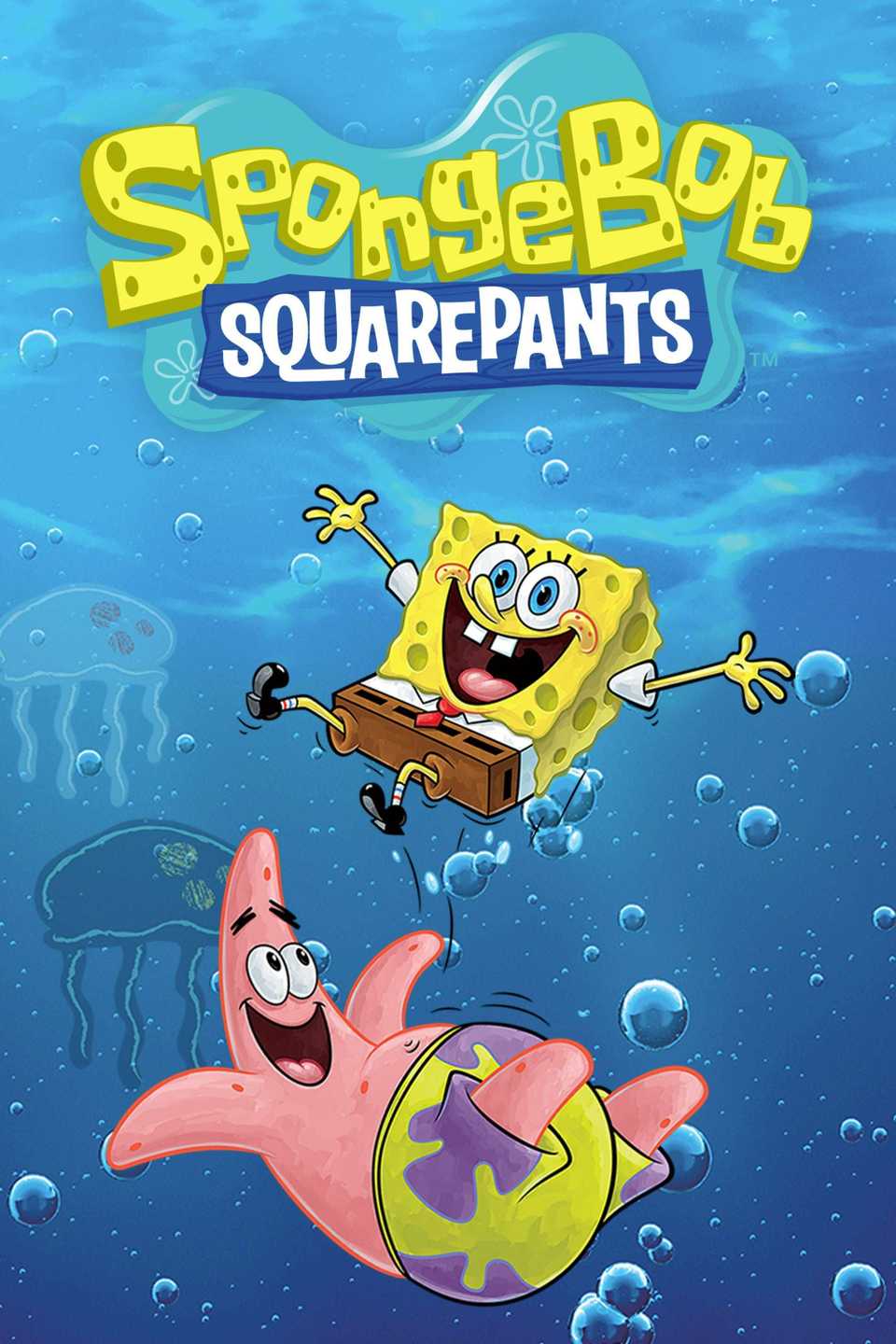 SpongeBob SquarePants and Patrick Star are smiling as they float in the ocean amid jellyfish on the poster for SpongeBob SquarePants.