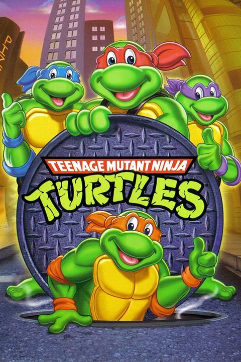 Michelangelo is emerging from the sewer as Raphael, Donatello and Leonardo stand on the street on the poster for Teenage Mutant Ninja Turtles (1987).