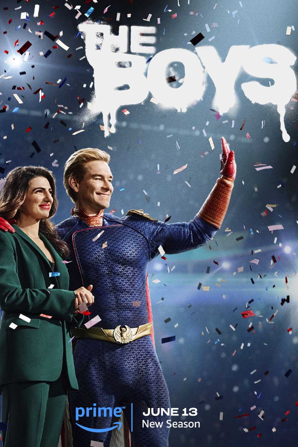 The Boys season 4 poster showing Homelander with Victoria Neuman surrounded by confetti