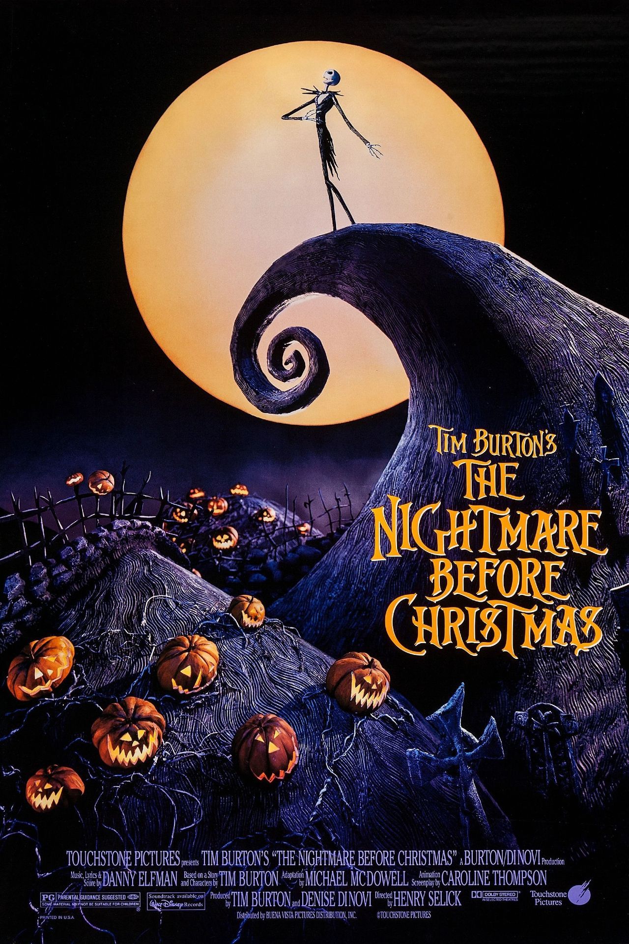 The Nightmare Before Christmas movie poster depicts Jack Skellington singing in front of the moon.