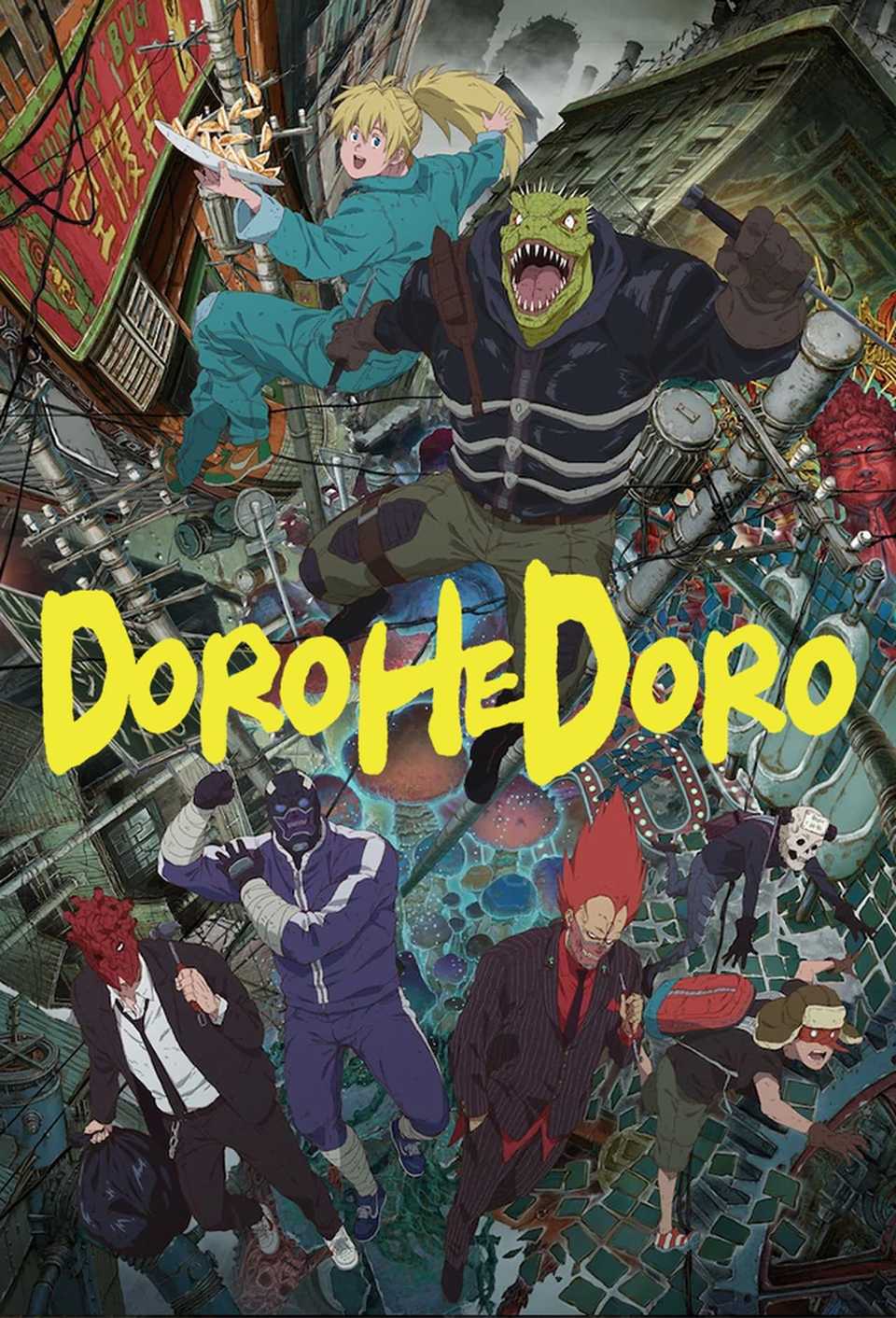 The cover for the Dorohedoro anime depicts Kaiman and Nikaido leaping forward above the heads of other characters like Shin and Noi.