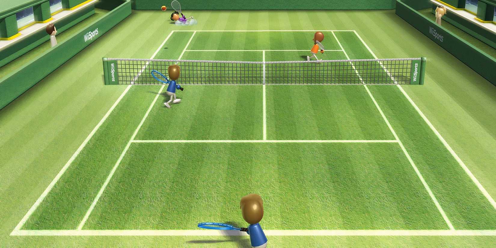 Players play tennis in Wii Sports.