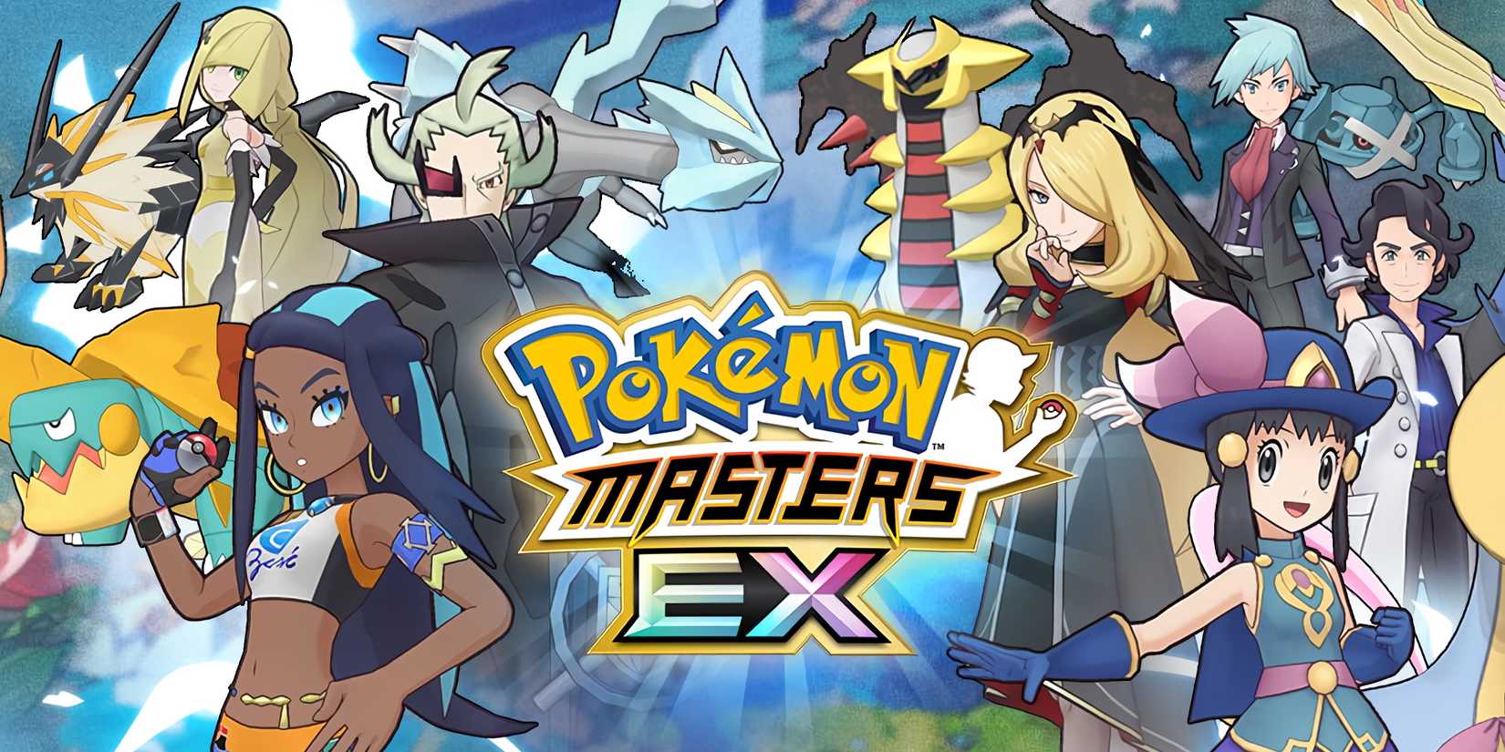 A Pokémon Masters Ex promo image featuring trainers and Pokémon from the game.