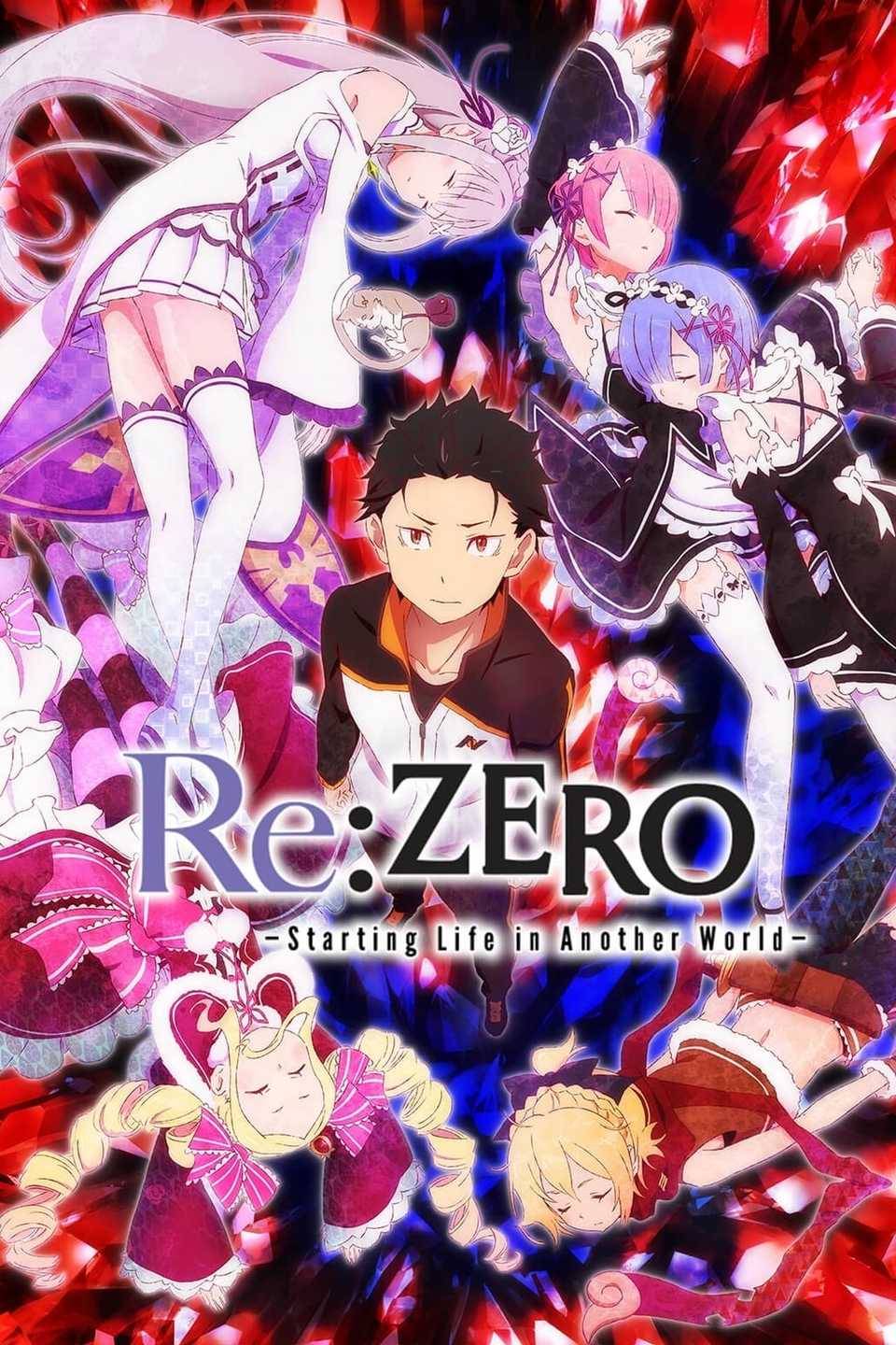Subaru Natsuki stands still and looks up as female characters from Re: Zero circle around him on the poster for the anime.
