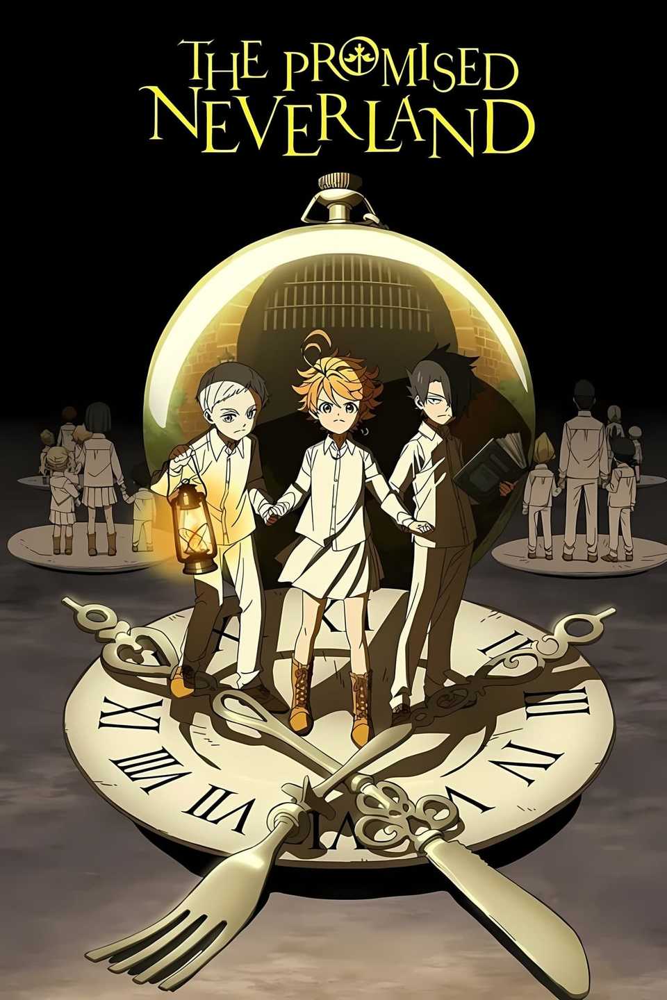 Emma, Ray and Norma are standing on top of a clock made out of a plate and silverware on the poster for The Promised Neverland.