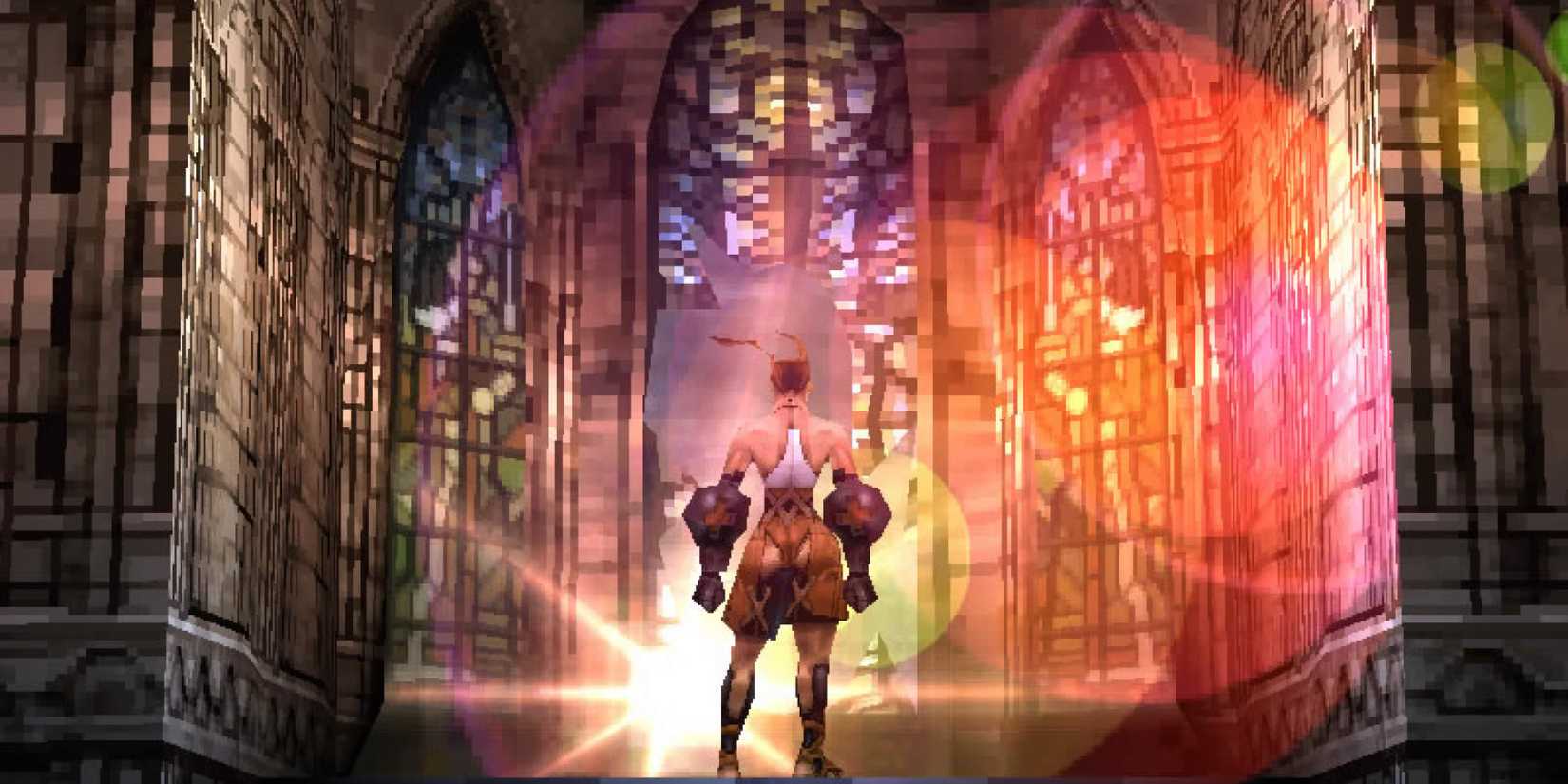 One of Vagrant Story's core characters in a building lit by the sun.