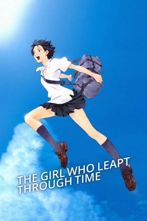 Makoto Konno leaps through the sky with a smile on the poster for The Girl Who Leapt Through Time.