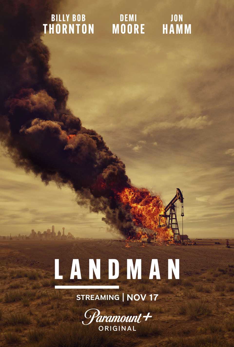 An oil rig is on fire on the poster for Landman.