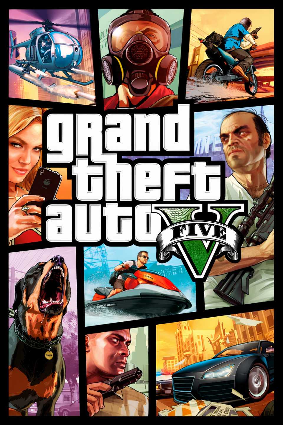 Images of various GTA V characters, weaponry, vehicles and a dog are arrayed in assymetrical panels around the title, Grand Theft Auto V, on the game's cover.