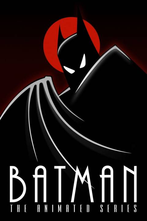 Batman em frente a uma lua vermelha, puxando sua capa para si, presente no cartaz de Batman: The Animated Series.