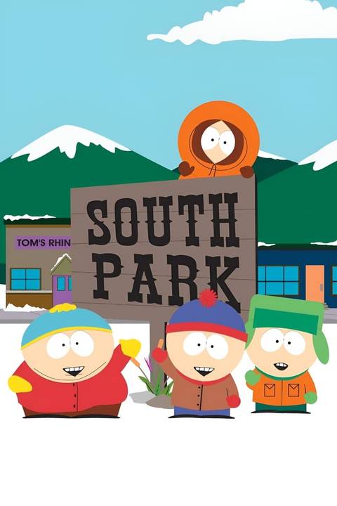 Eric Cartman, Stan Marsh and Kyle Broflovski are smiling while standing in front of the South Park sign on the show's poster. Kenny McCormick is hanging on top of the sign.