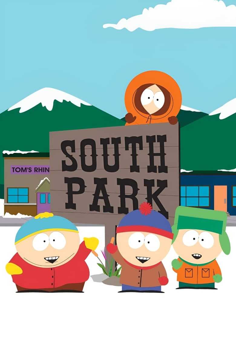 Eric Cartman, Stan Marsh and Kyle Broflovski smile while standing in front of the South Park panel on the show poster. Kenny McCormick is hung above the panel.