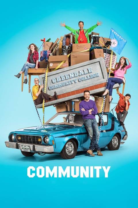 Jeff Winger (Joel Mchale) is leaning against a blue car with many boxes stacked on top, along with the characters Dean Craig Pelton (Jim Rash), Chang (Ken Jeong), Annie Edison (Alison Brie) and Abed Nadir (Danny Pudi) and the Greendale Community College sign in the Community poster.