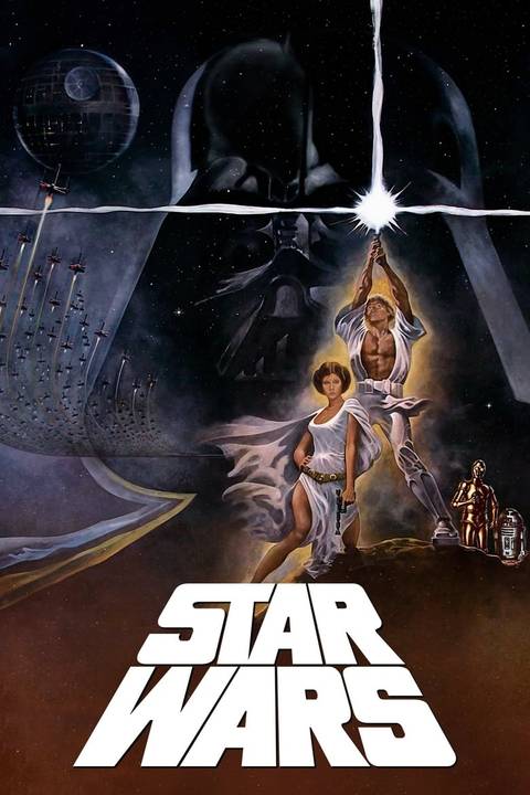 Poster de Star Wars com Leia Organa, Luke Skywalker, Darth Vader, C-3PO e R2-D2